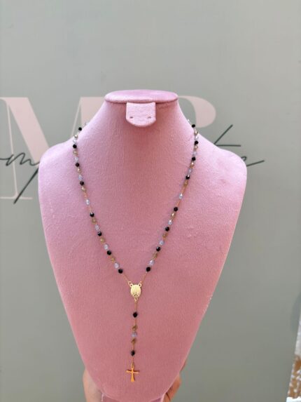 COLLAR ROSARIO BOLITAS CELESTE Y NEGRO