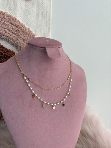 COLLAR DOBLE PERLADO CON CORAZONES
